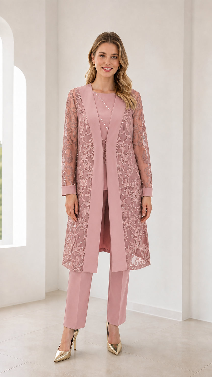 Model wearing pink 3-piece lace duster jacket and pants set