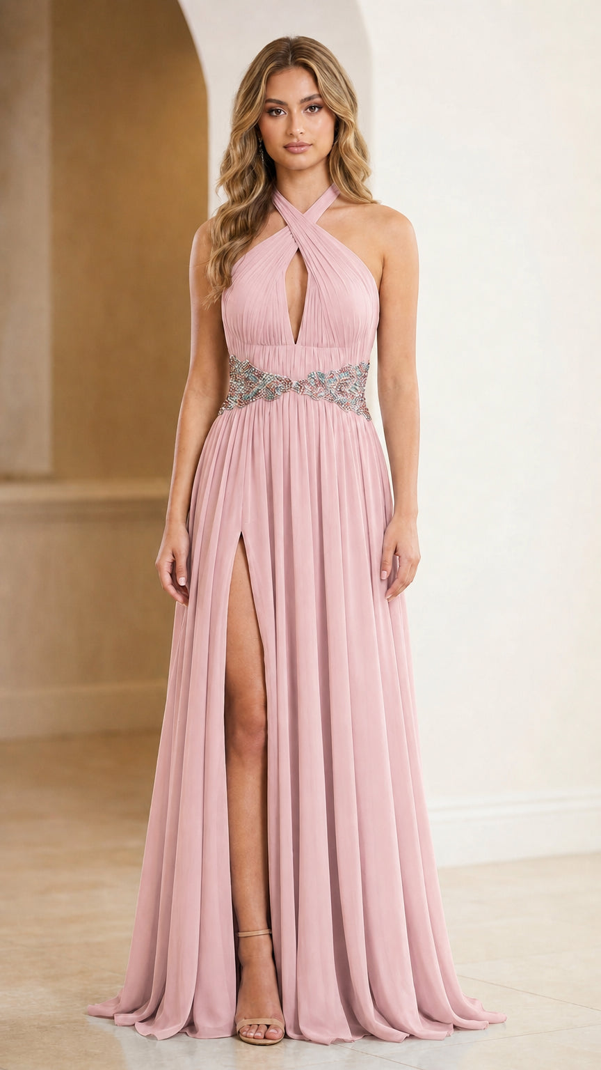 Front view of dusty pink halter evening dress