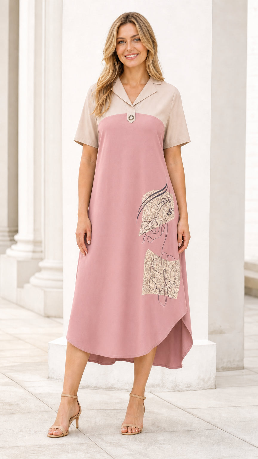 Pink colorblock midi dress front view