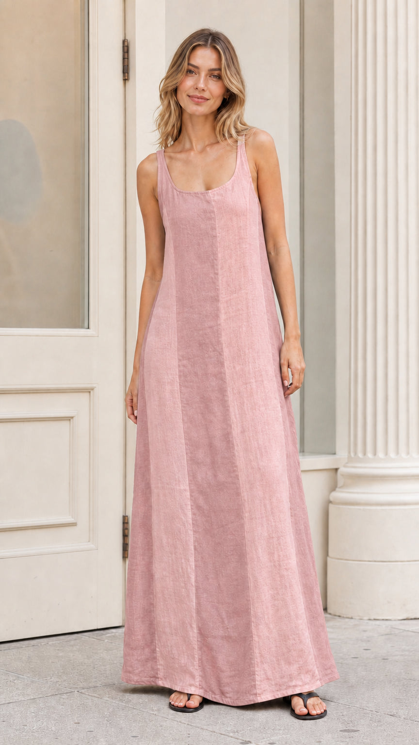 Front view of model wearing pink color-blocked maxi dress