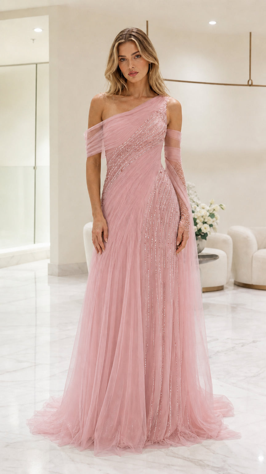 Front view of pink one-shoulder evening gown