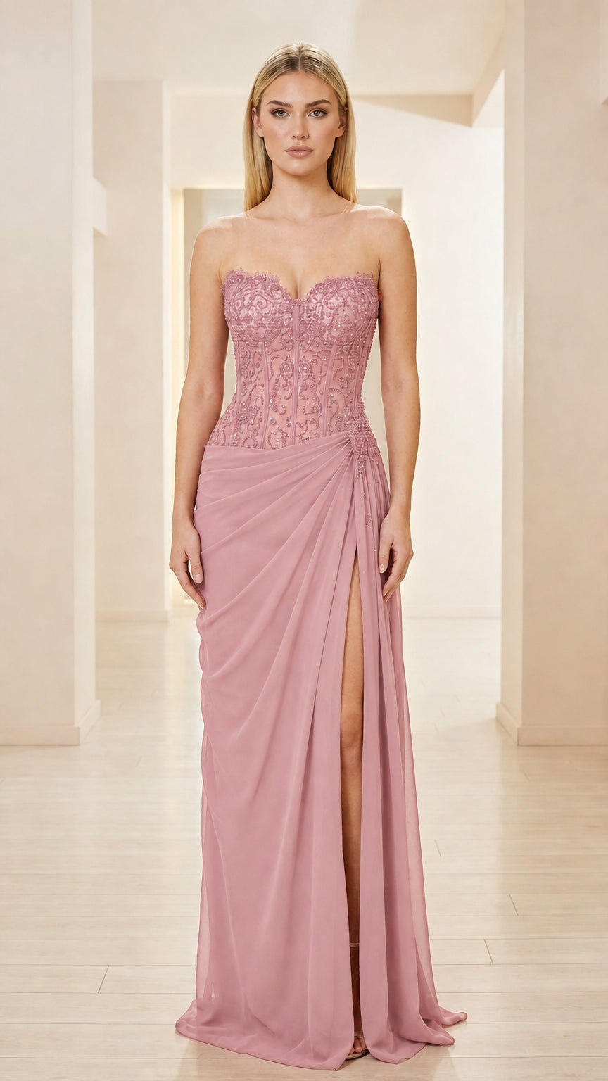 Front view of dusty pink strapless corset evening gown