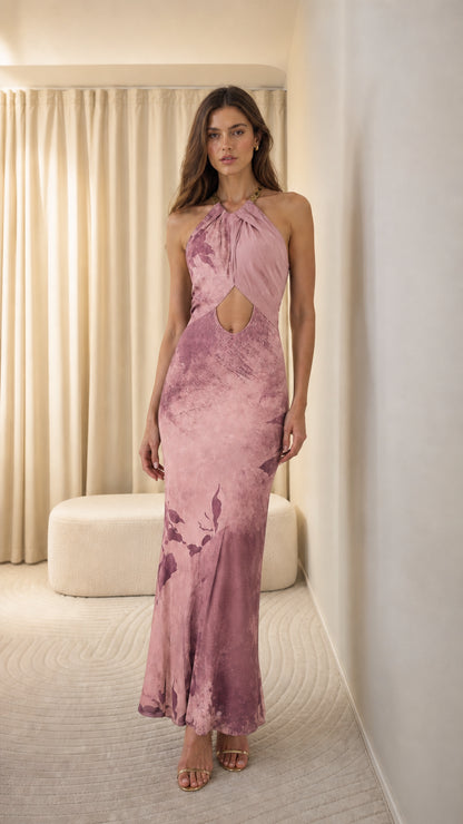Pink variant of halter neck cutout maxi dress