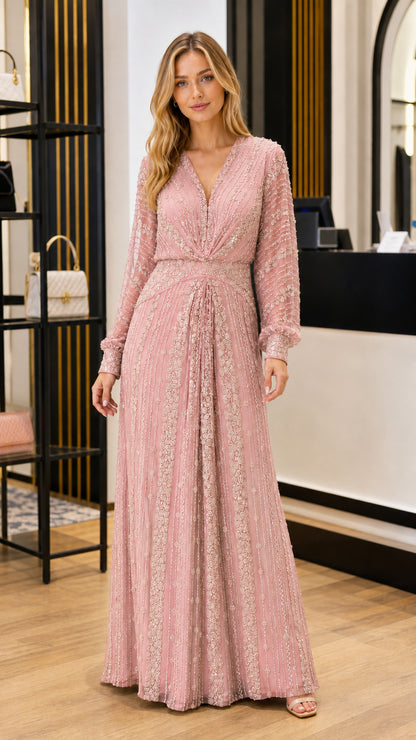 Full front view of dusty pink embellished long sleeve formal maxi dress