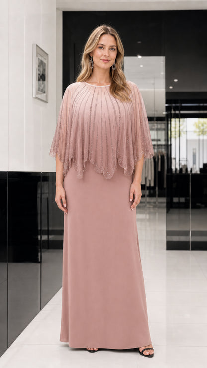Dusty rose color variant of the capelet evening dress