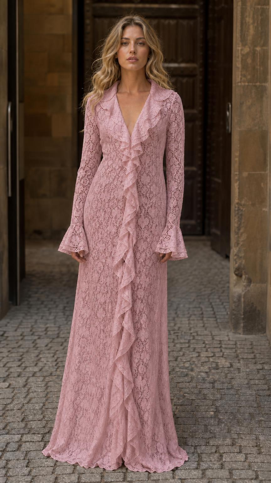 Front full view of woman wearing pink lace maxi dress