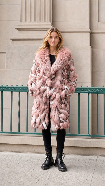 Model wearing soft pink faux fur coat