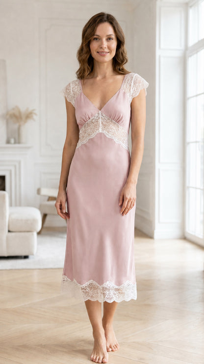 Woman wearing pink satin lace trim midi nightgown