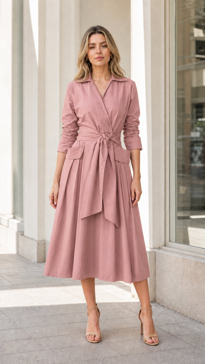 Front view of woman wearing pink lapel midi trench dress