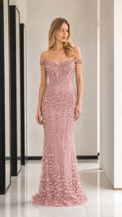 Dusty Rose off-shoulder beaded evening gown
