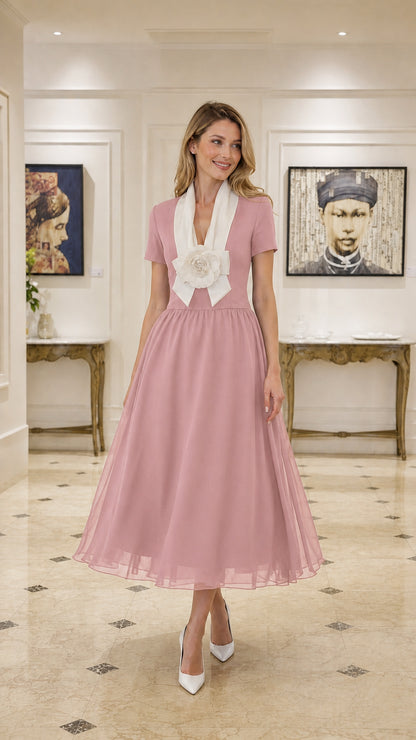 Front full view of Pink tulle midi dress