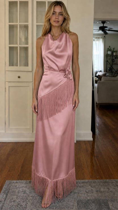Front view of pink satin halter maxi dress