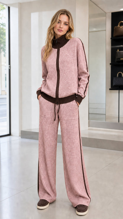 Full front view of woman wearing Dusty Pink knit zip jacket and wide-leg pants set