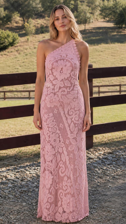 Model wearing pink one-shoulder floral lace maxi dress