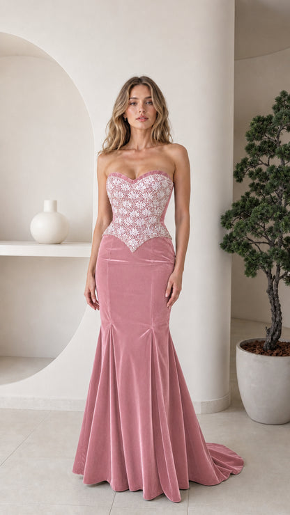 Front view of pink velvet evening dress