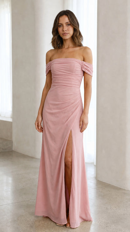 Front view of pink off-the-shoulder ruched maxi dress