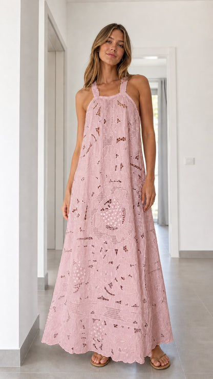 Front view of pink eyelet lace maxi dress