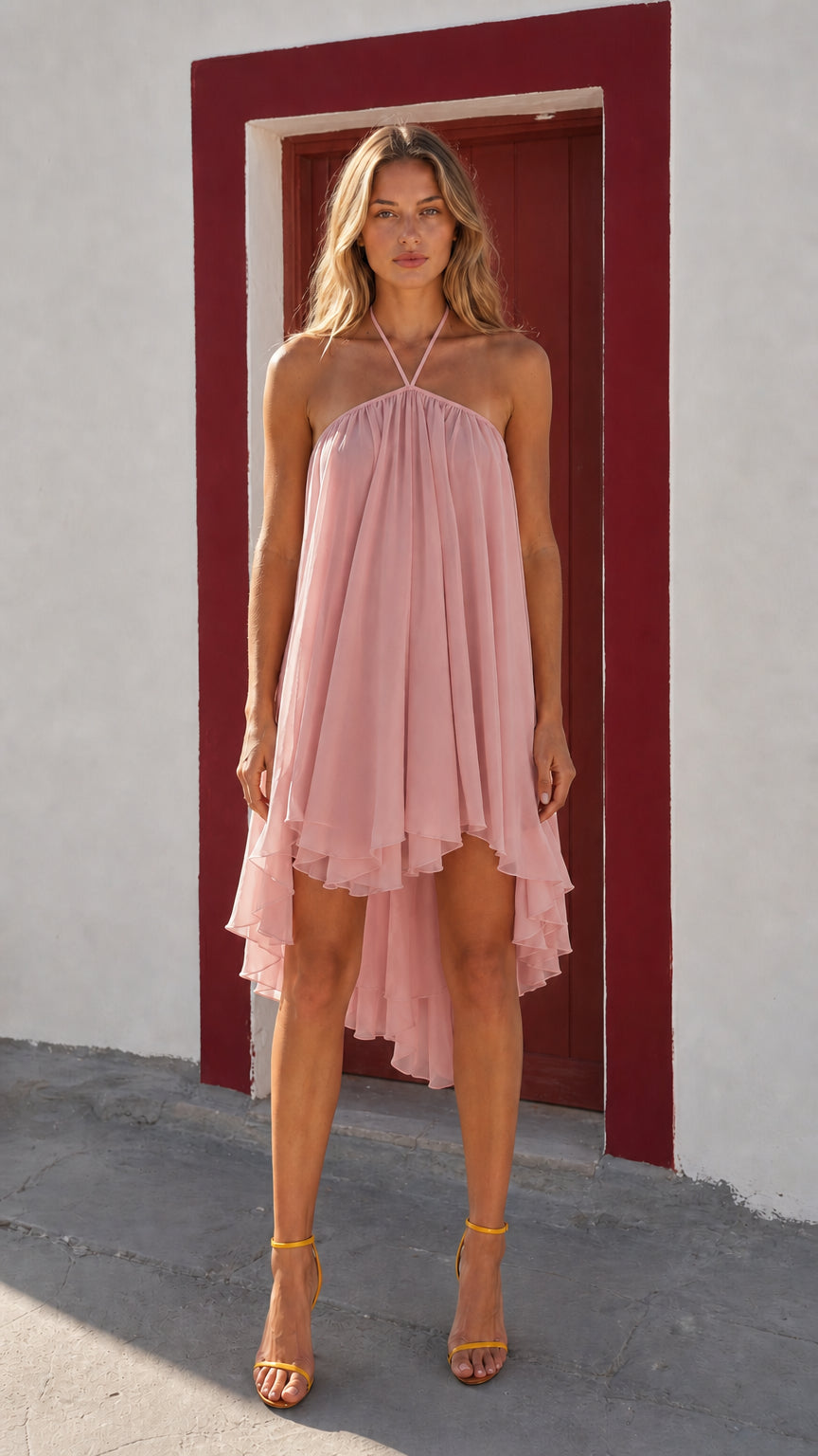 Front view of woman wearing pink halter neck high-low dress