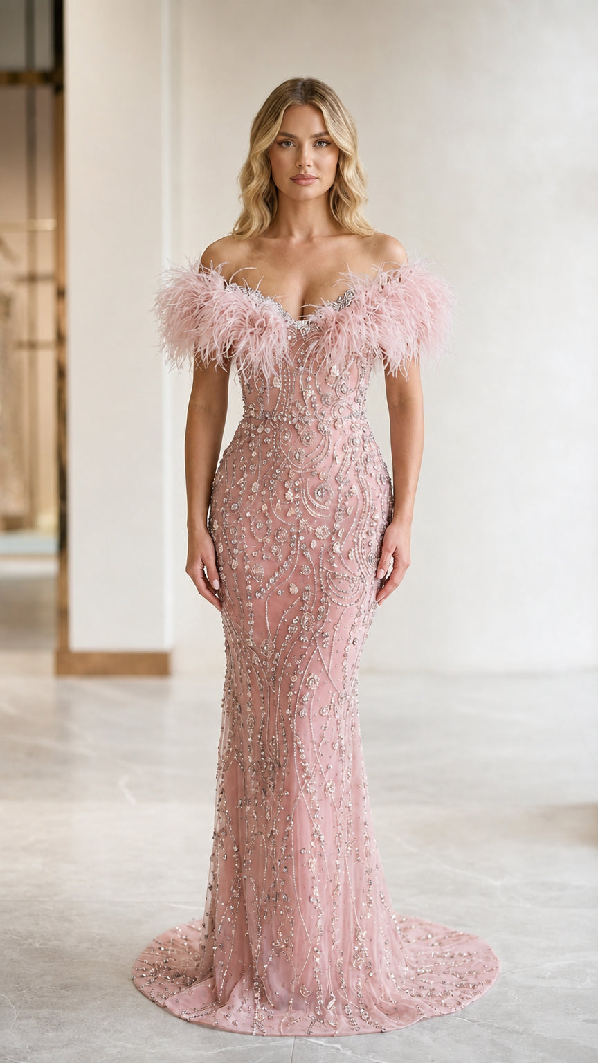 Blush pink beaded mermaid formal dress with feather-trimmed neckline