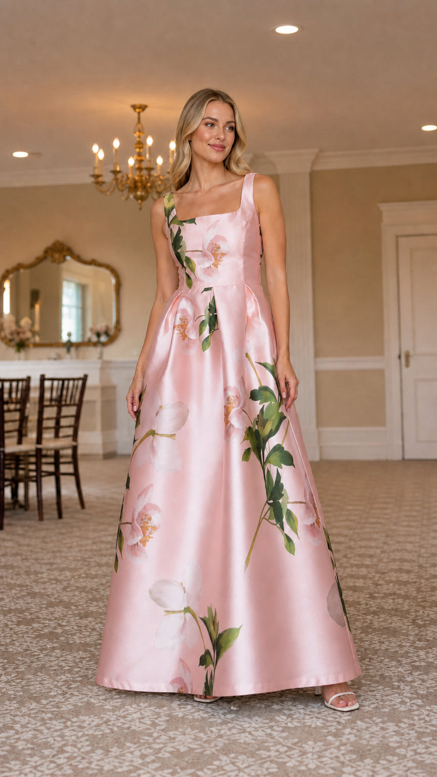 Blush pink floral satin-look maxi dress shown from the front