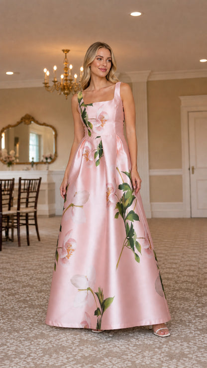 Blush pink floral satin-look maxi dress shown from the front