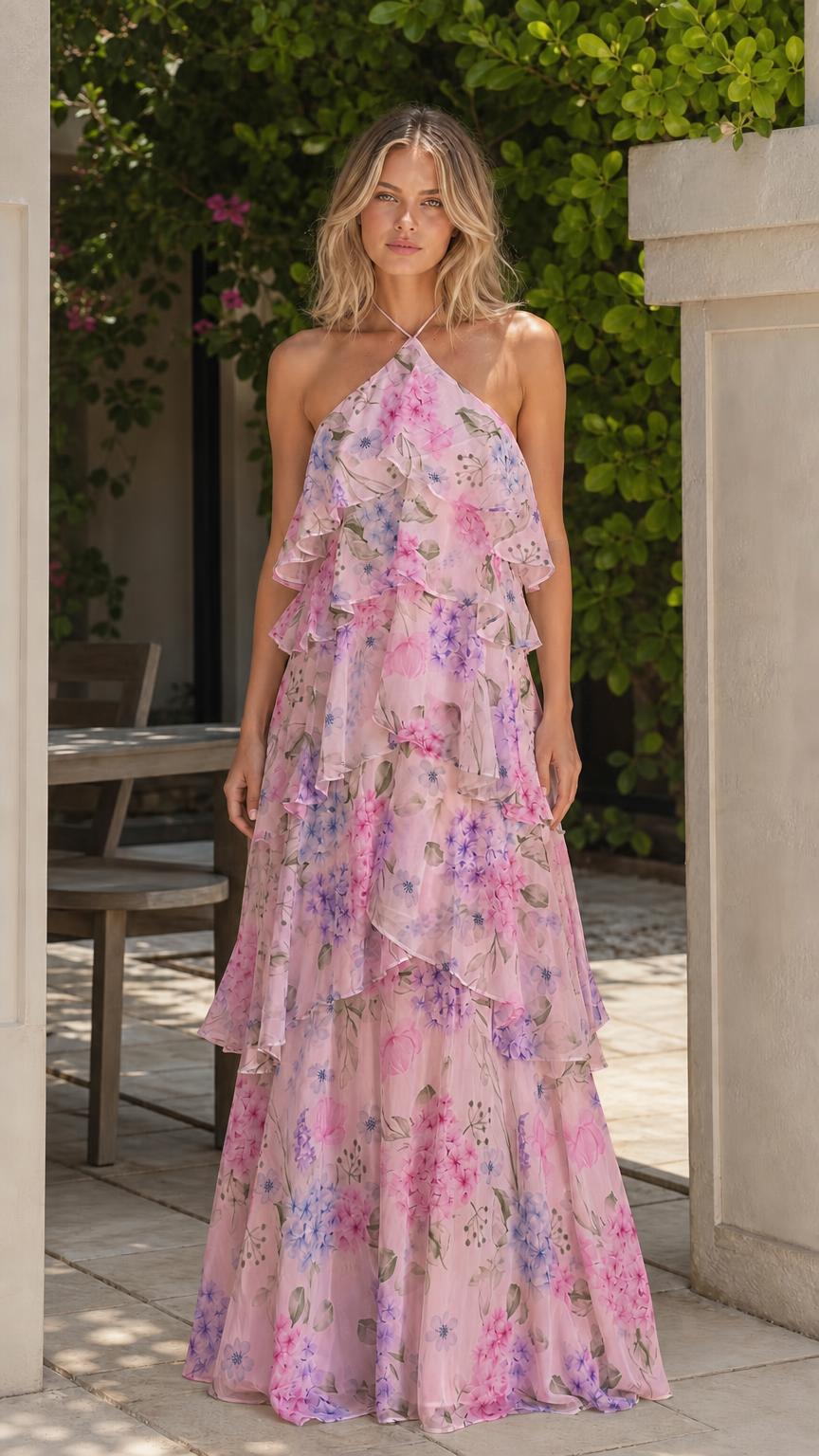 Model wearing pink multi floral halter tiered ruffle maxi dress