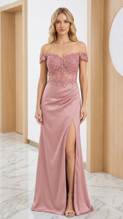 Front view of pink evening gown with high slit