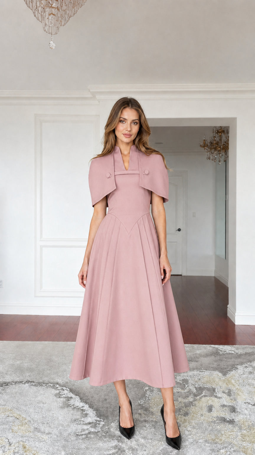 Dusty rose color variant of cape midi dress