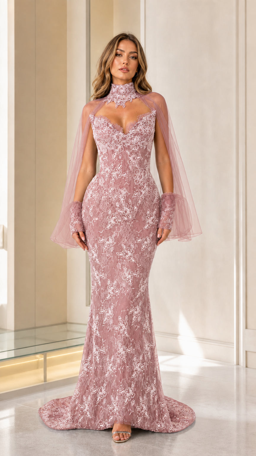 Dusty pink color variant of beaded lace mermaid evening dress