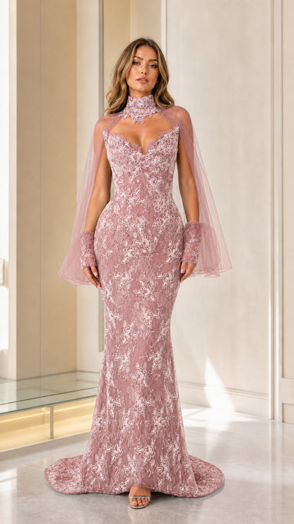Dusty pink color variant of beaded lace mermaid evening dress