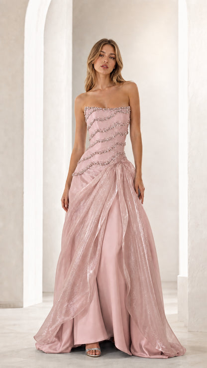 Blush pink strapless beaded formal dress with side drape