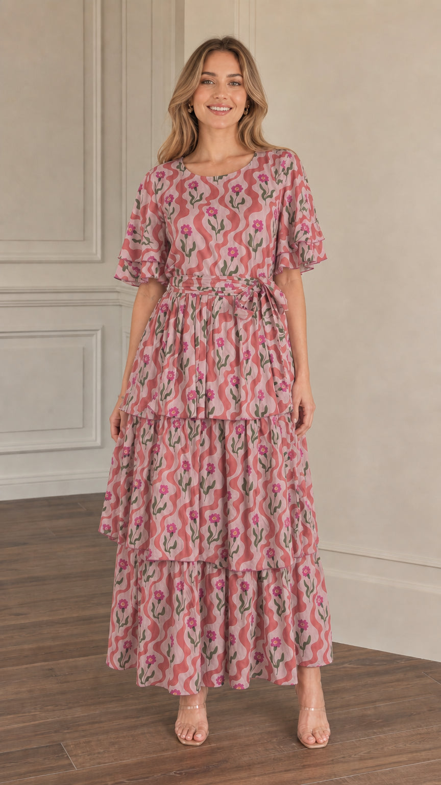 Front view of model wearing dusty pink floral wave print tiered maxi dress