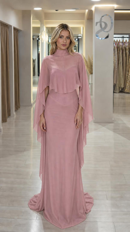 Front view of pink chiffon cape evening maxi dress