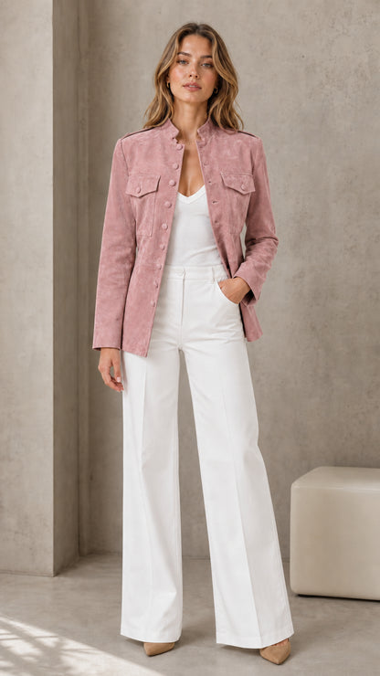 Woman wearing pink faux suede utility jacket