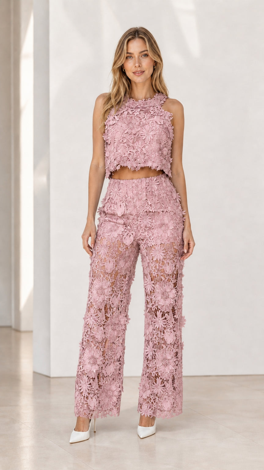Model wearing pink floral lace two-piece set