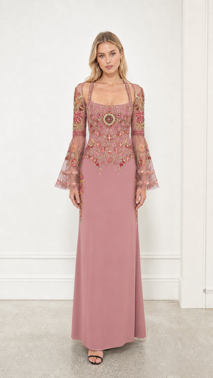 Front view of dusty rose embroidered evening dress
