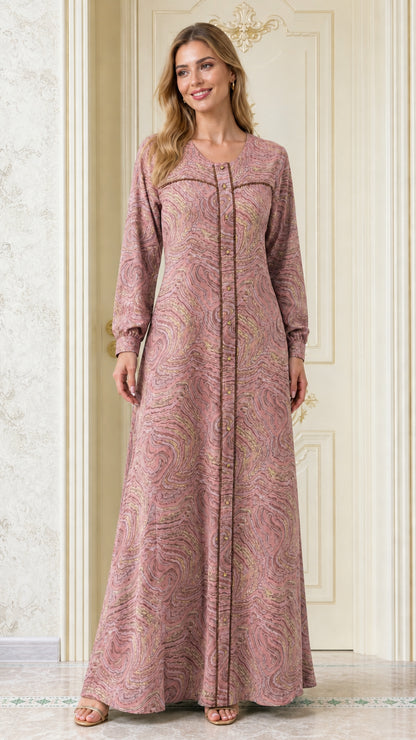 Front view of woman wearing Dusty Rose pink marble print long sleeve maxi dress