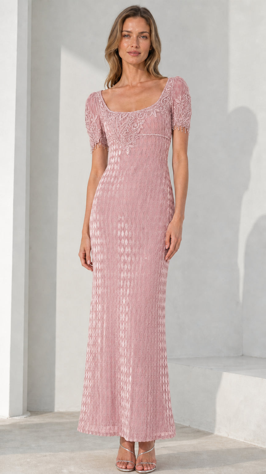 Front view of model in pink color variant