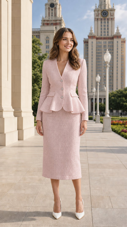 Model wearing dusty pink tailored peplum skirt suit set