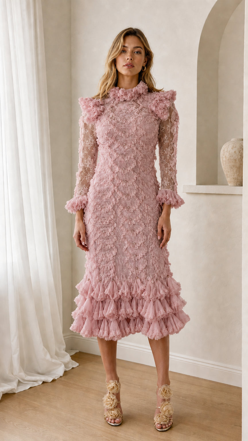 Front view of pink ruffled lace midi dress