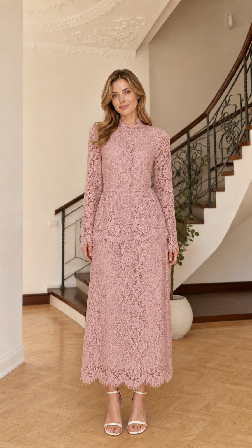 Dusty pink long sleeve lace maxi dress for wedding guests