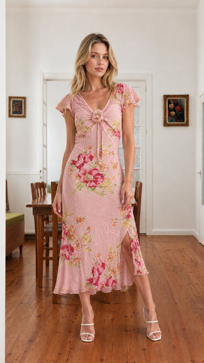 Model wearing blush pink floral flutter sleeve midi dress