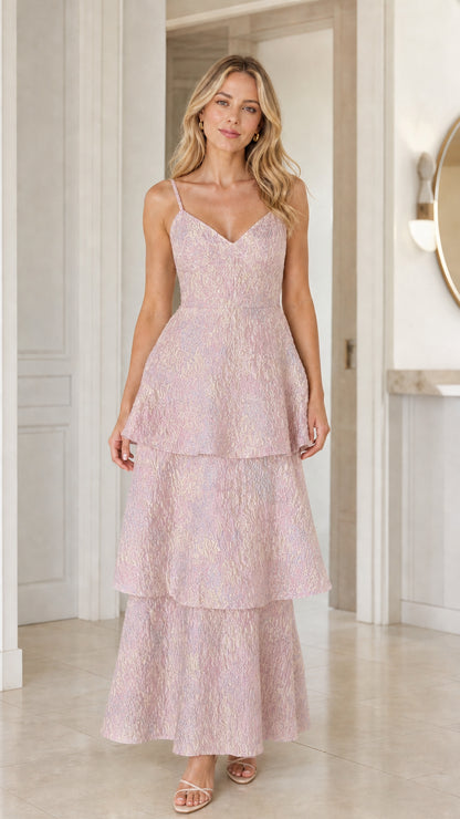 Front view of model wearing Pink Tiered Jacquard Maxi Dress