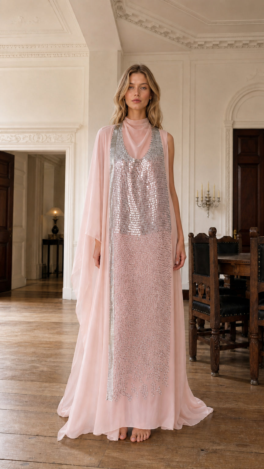 Pink variant of sequin embellished evening gown