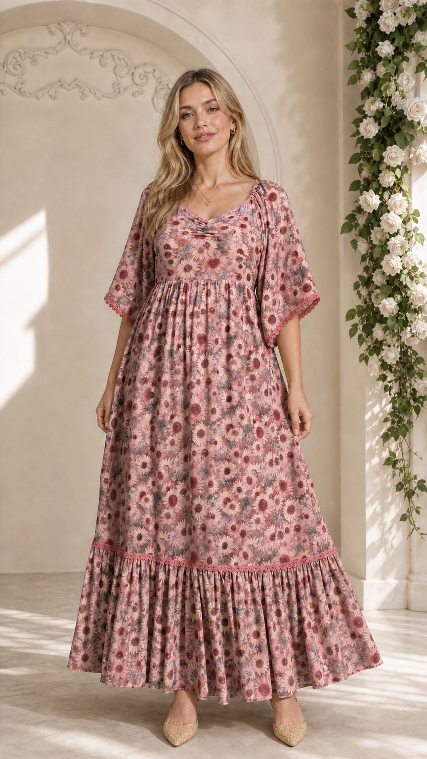 Model wearing dusty pink floral tiered maxi dress with lace trim