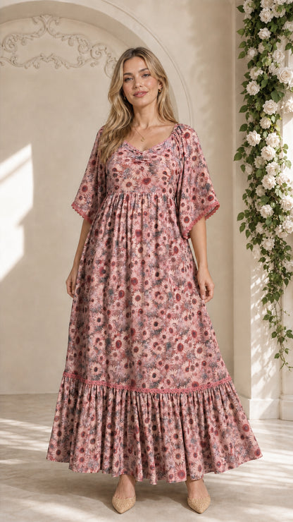 Model wearing dusty pink floral tiered maxi dress with lace trim