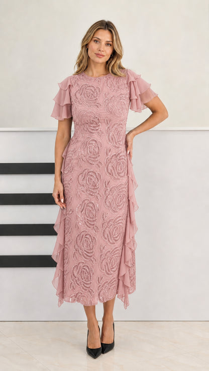 Model wearing dusty rose beaded midi dress