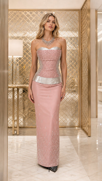 Pink color variant of beaded corset evening gown