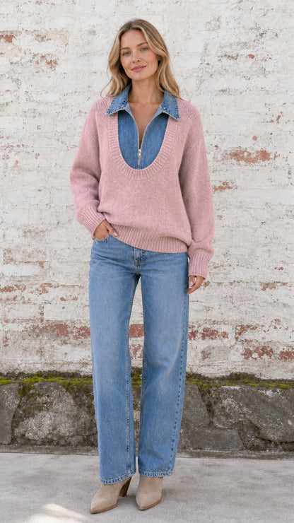 Model wearing dusty pink 2-in-1 knit sweater with denim collared insert