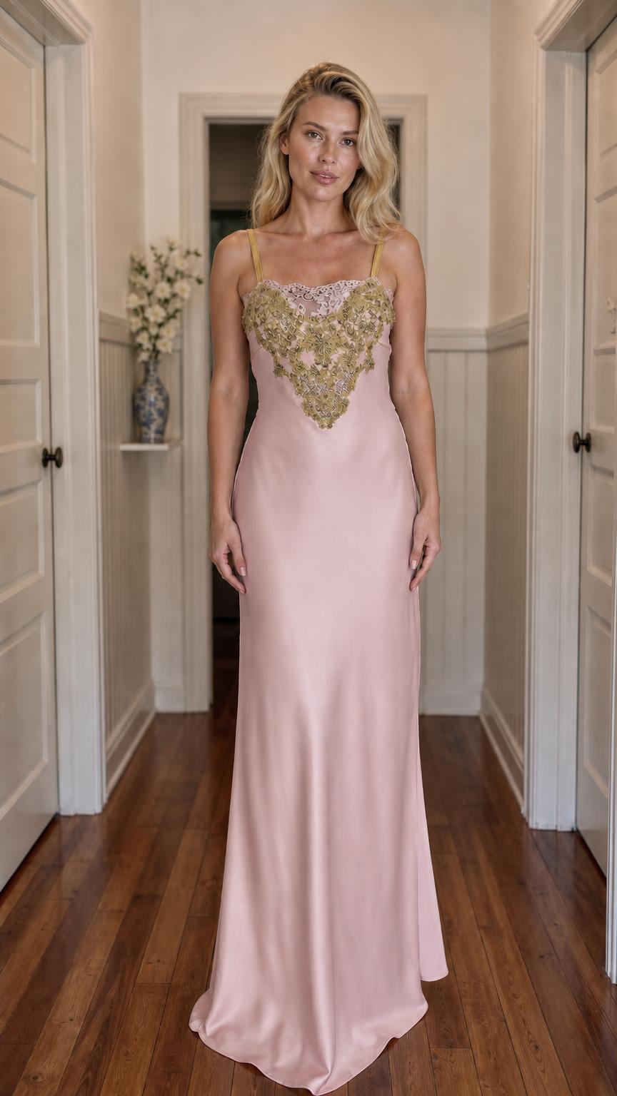 Front view of model wearing dusty pink satin maxi slip dress